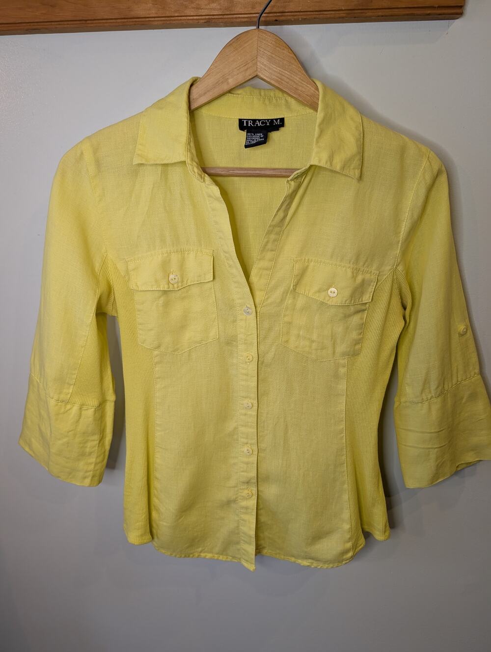 Tracy M Linen Button Down Shirt Butter Yellow 3/4 Sleeve Fitted Blouse Medium